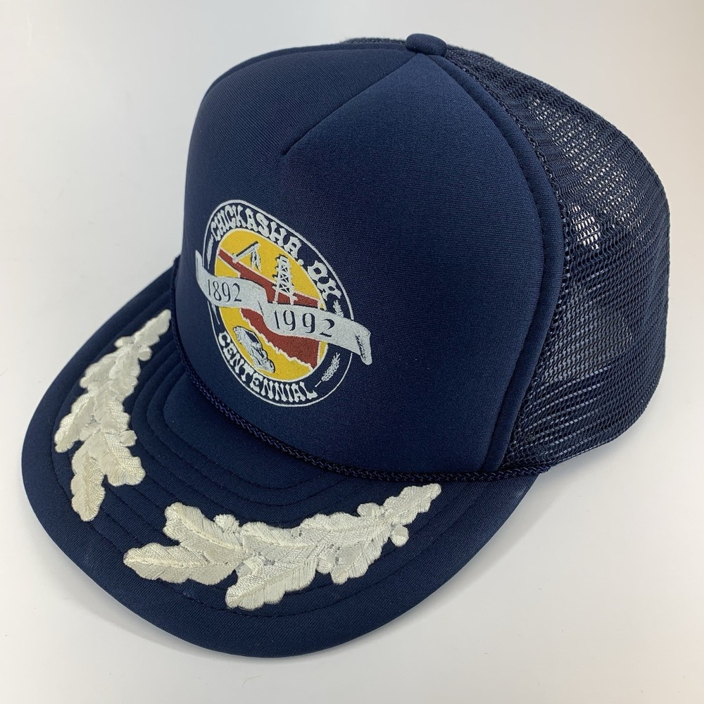 Chickasha OK Centennial Trucker Hat Blue Mesh Rope Scrambled Egg Snap Nissin Cap